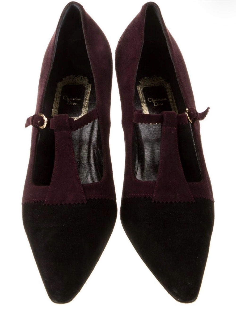 Vintage 1980s Dior Burgundy and Black Suede T-Strap Pointed Pumps
